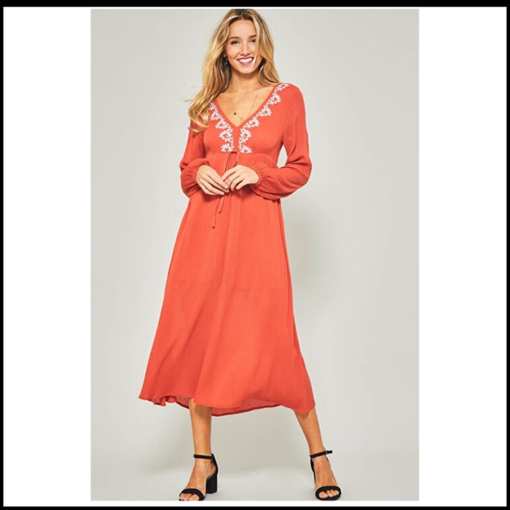 NWT RUST ORANGE LONG SLEEVE BOHO MAXI DRESS - Picture 3 of 5